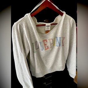 Victorias Secret PINK Grey Rainbow Bling Off Shoulder Sweater Sz: M